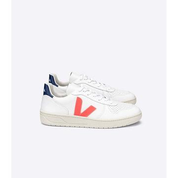 Veja V-10 LEATHER Sneakers Dames White/Orange/Blue | NL 646JPQ